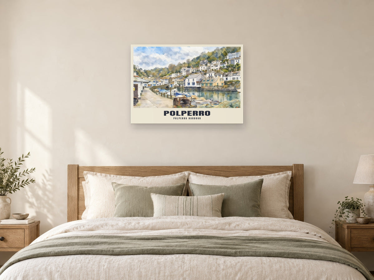 Polperro Harbour Poster at A1, as a poster, above a bed