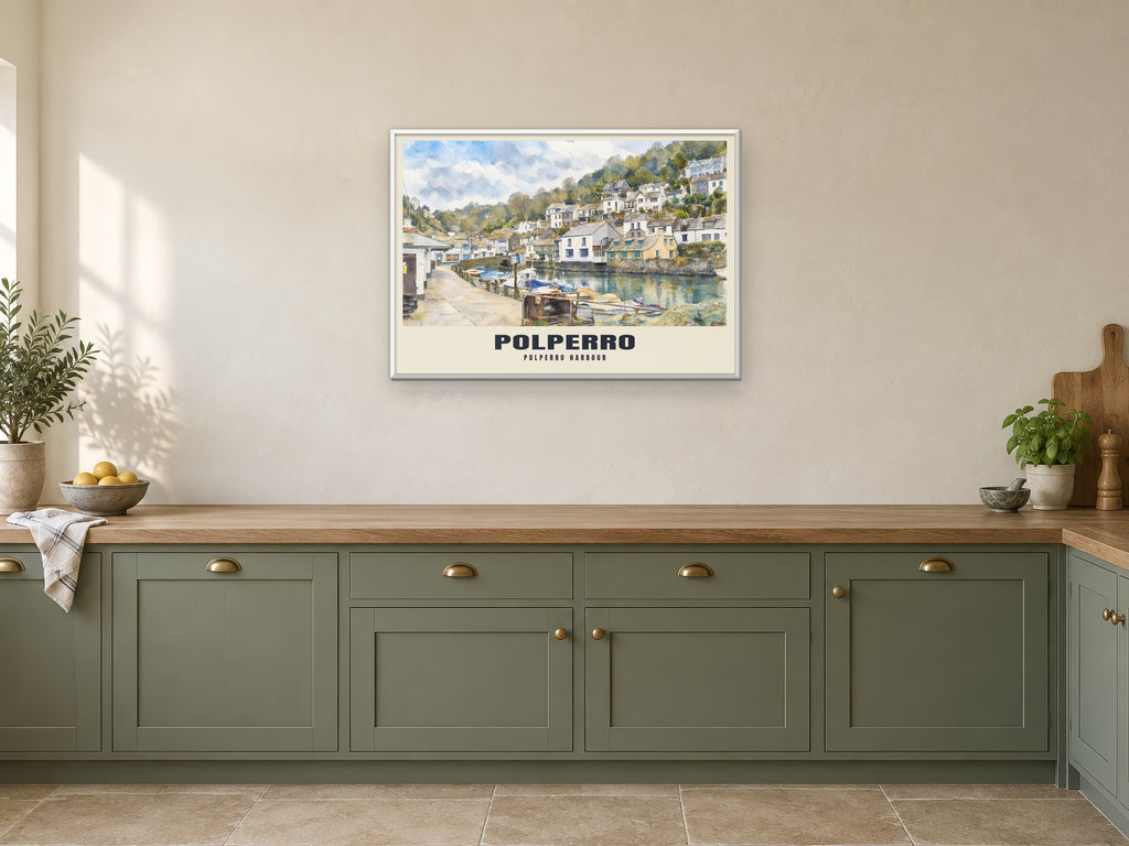 Polperro Harbour Poster at A1, in a white frame, in a kitchen