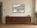 Polperro Harbour Poster at A1, in a black frame, above a sideboard