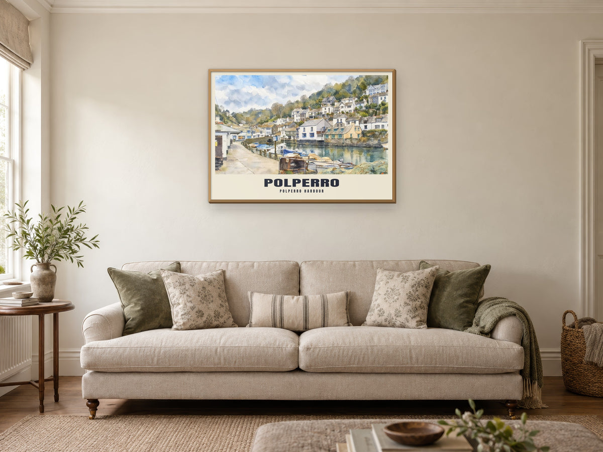 Polperro Harbour Poster at A1, in a natural wood frame, in a sitting room