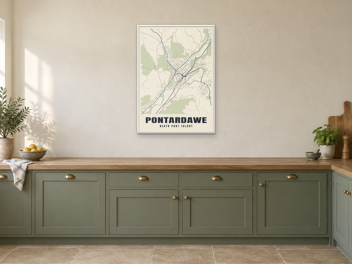 Pontardawe Street Map Poster at A1, in a white frame, in a kitchen