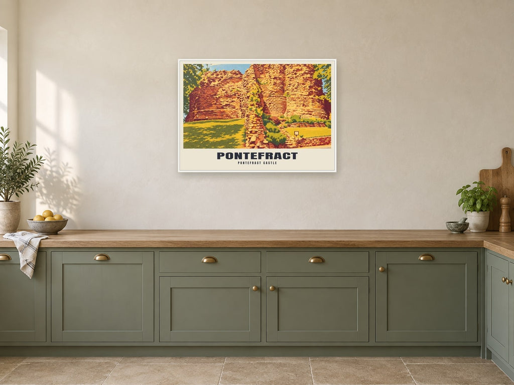 Pontefract Castle Poster at A1, in a white frame, in a kitchen