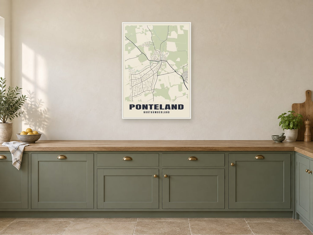 Ponteland Street Map Poster at A1, in a white frame, in a kitchen