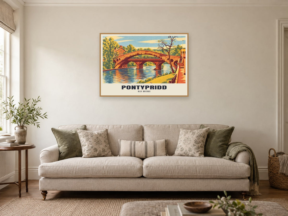 Old Bridge, Pontypridd Poster at A1, in a natural wood frame, in a sitting room