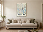 Poplar Heritage Street Map Poster at A1, in a natural wood frame, in a sitting room
