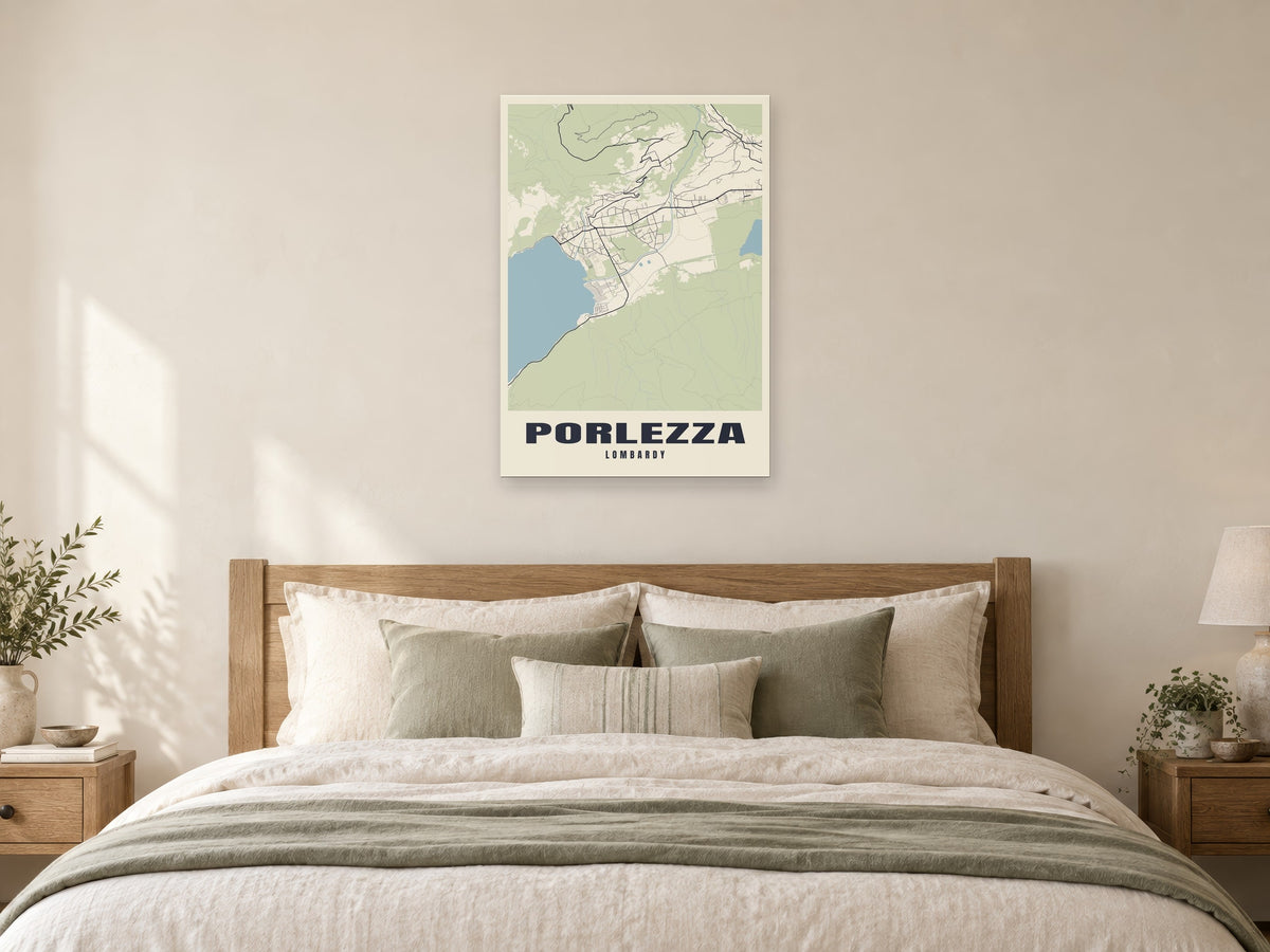 Porlezza Street Map Poster at A1, as a poster, above a bed