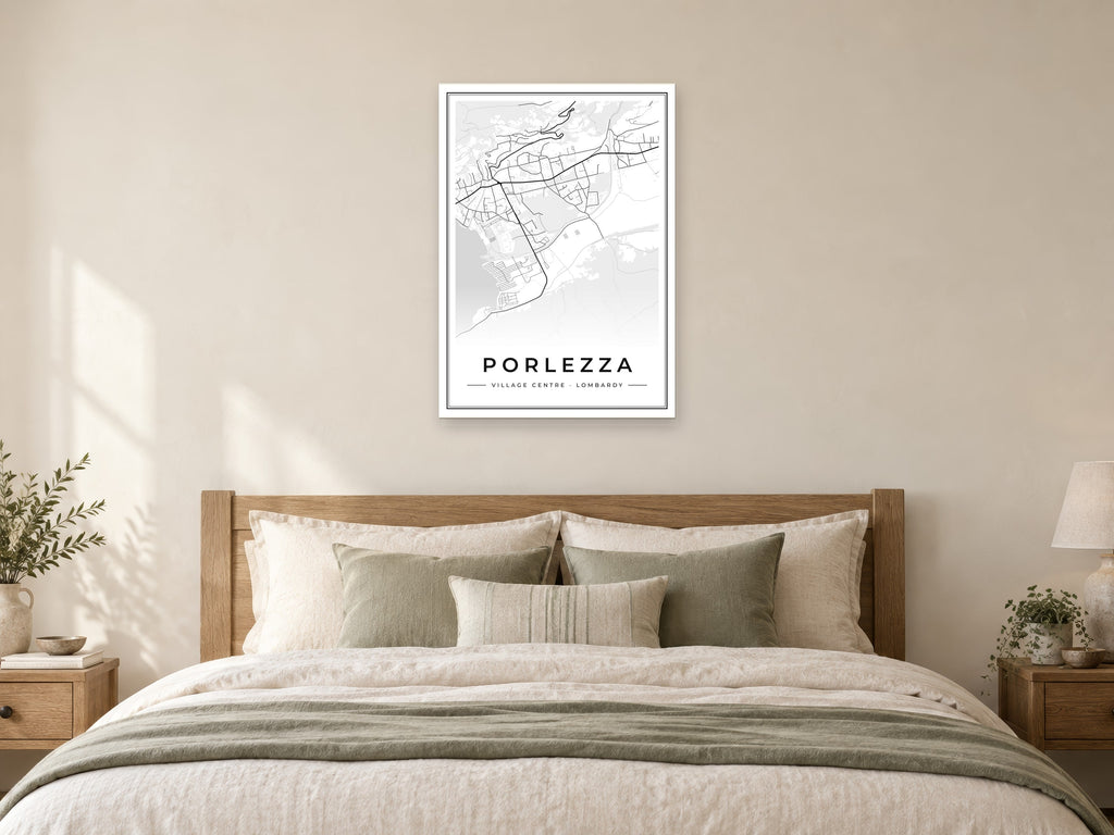 Porlezza Village Centre Street Map Poster at A1, as a poster, above a bed