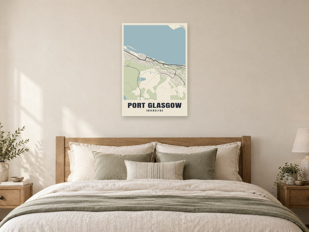 Port Glasgow Street Map Poster at A1, as a poster, above a bed