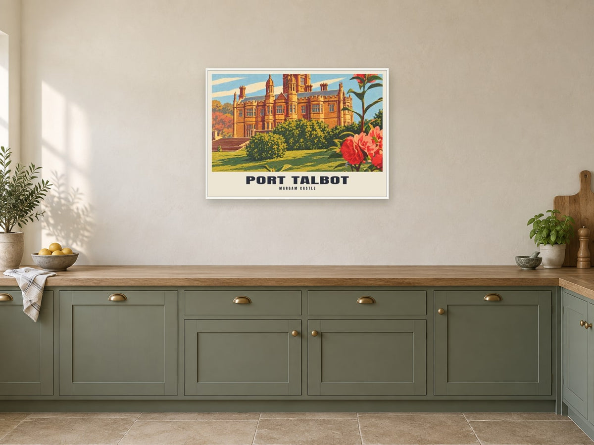 Margam Castle, Port Talbot Poster at A1, in a white frame, in a kitchen