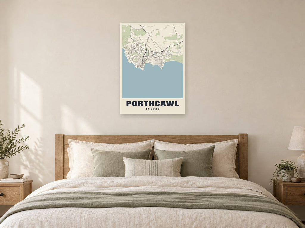 Porthcawl Street Map Poster at A1, as a poster, above a bed