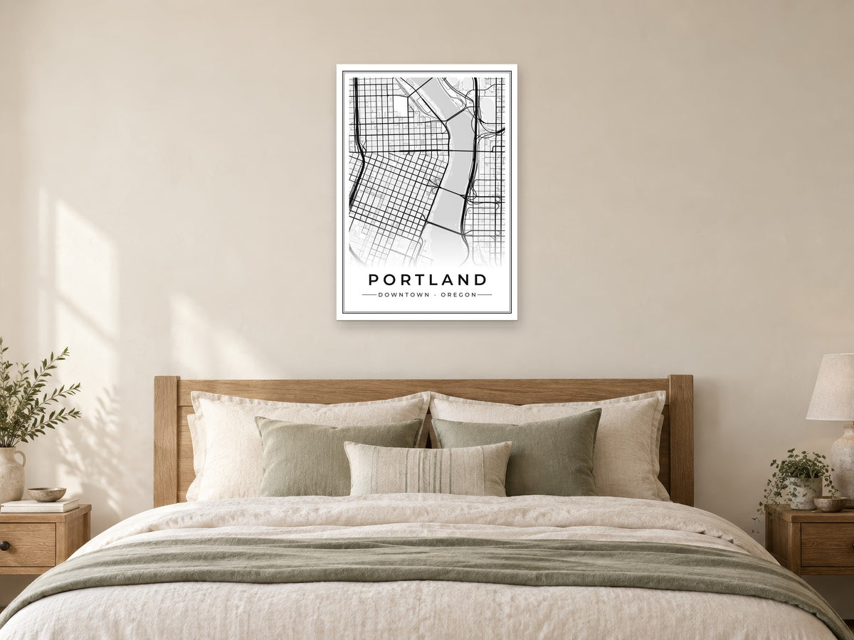 Portland Downtown Street Map Poster at A1, as a poster, above a bed