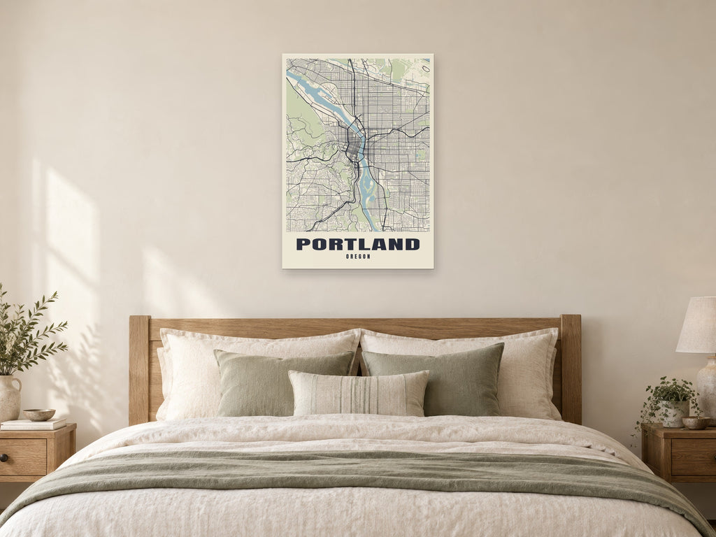 Portland Street Map Poster at A1, as a poster, above a bed