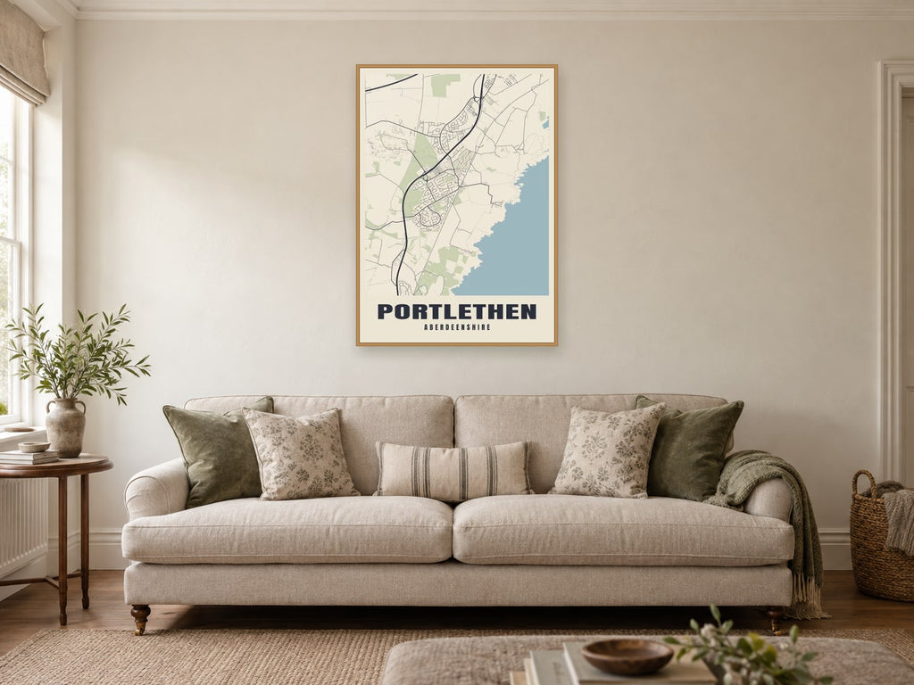 Portlethen Street Map Poster at A1, in a natural wood frame, in a sitting room
