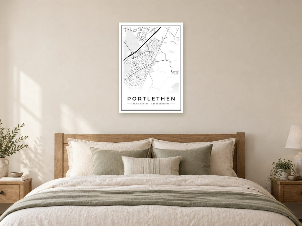 Portlethen Town Centre Street Map Poster at A1, as a poster, above a bed