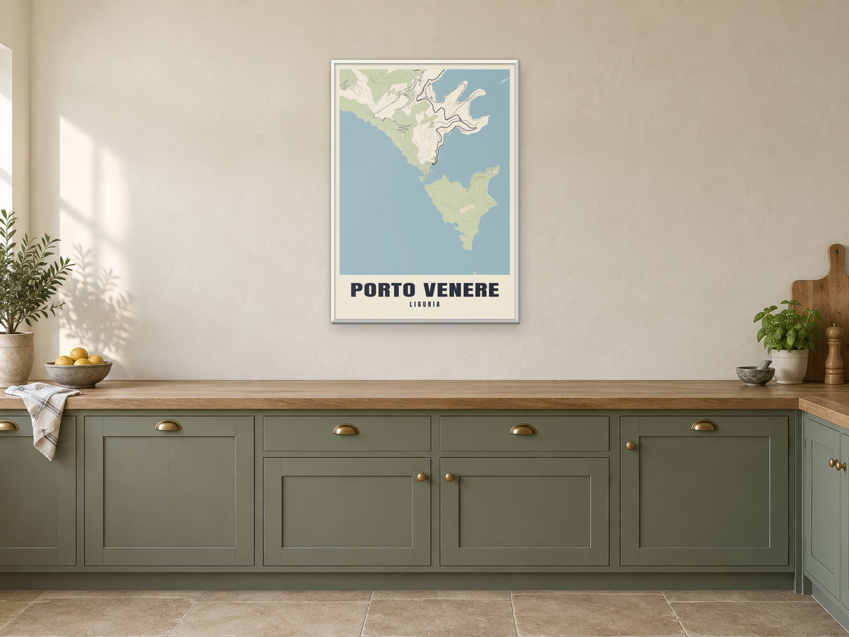 Porto Venere Street Map Poster at A1, in a white frame, in a kitchen