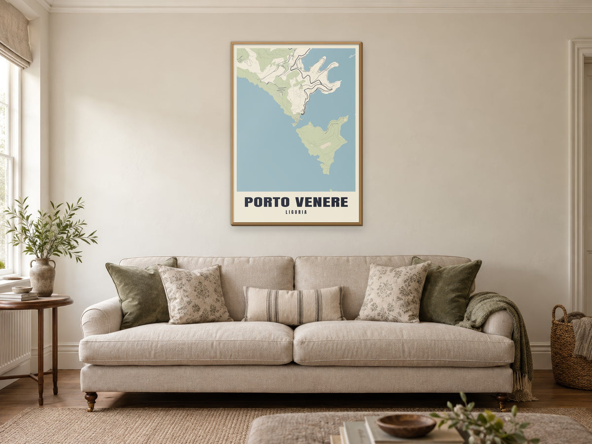 Porto Venere Street Map Poster at A1, in a natural wood frame, in a sitting room