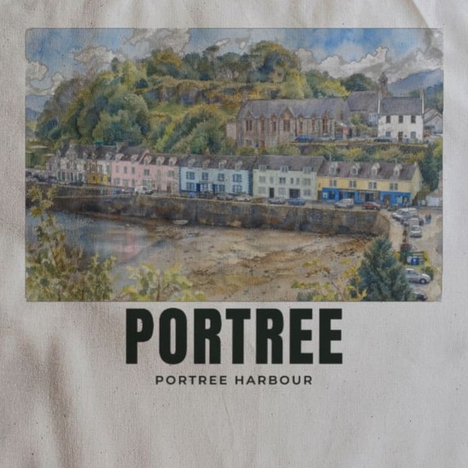 Close-up of the Portree Harbour drawing and lettering printed on natural cotton