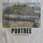Close-up of the Portree Harbour drawing and lettering printed on natural cotton