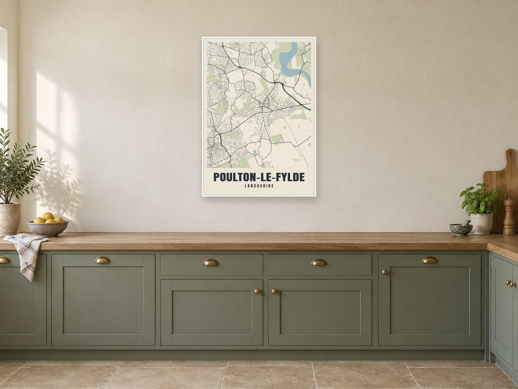 Poulton-le-Fylde Street Map Poster at A1, in a white frame, in a kitchen