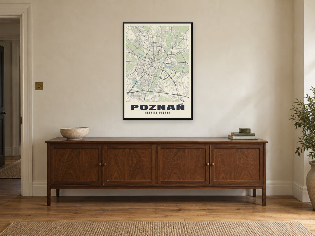 Poznań Street Map Poster at A1, in a black frame, above a sideboard