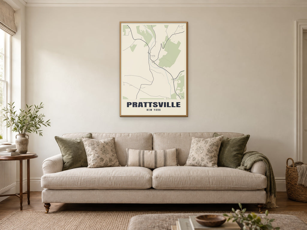 Prattsville Street Map Poster at A1, in a natural wood frame, in a sitting room