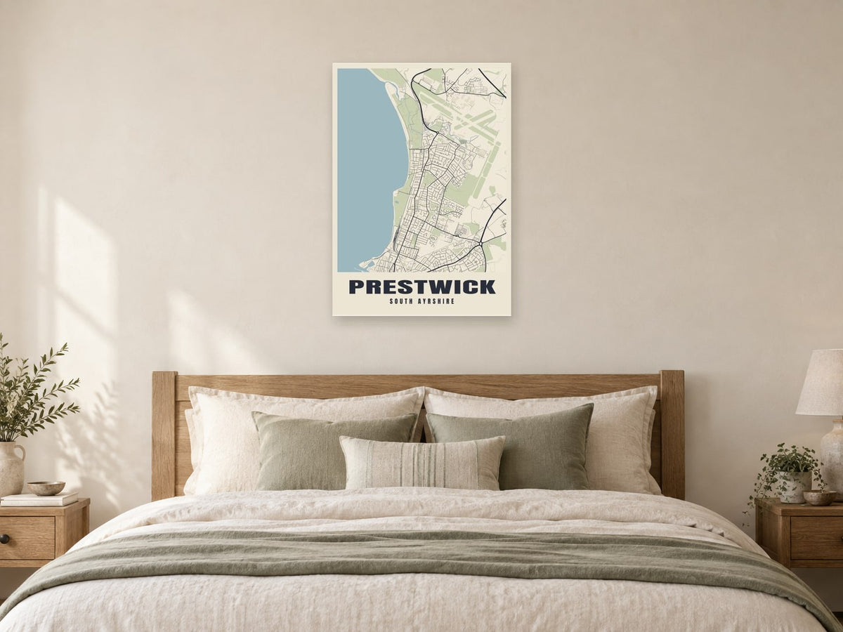 Prestwick Street Map Poster at A1, as a poster, above a bed