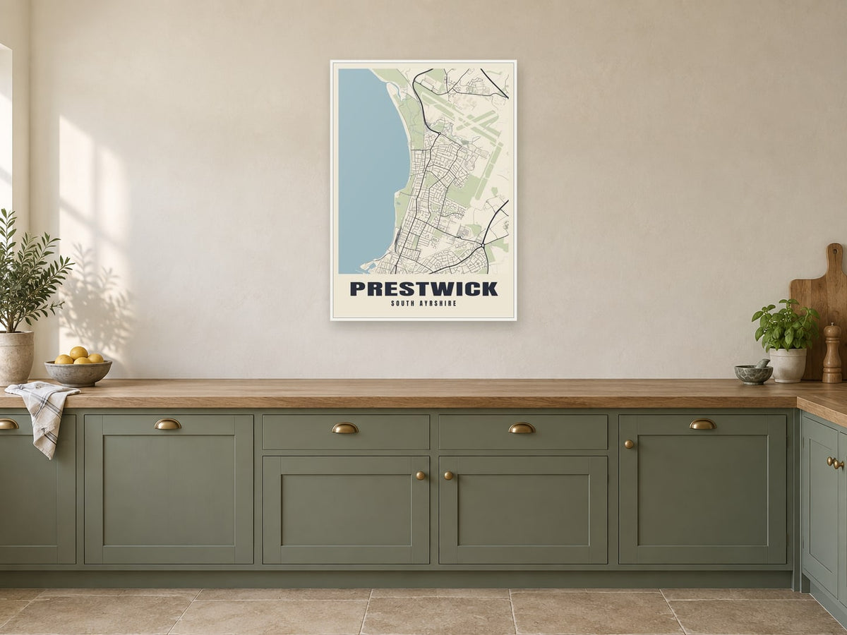 Prestwick Street Map Poster at A1, in a white frame, in a kitchen