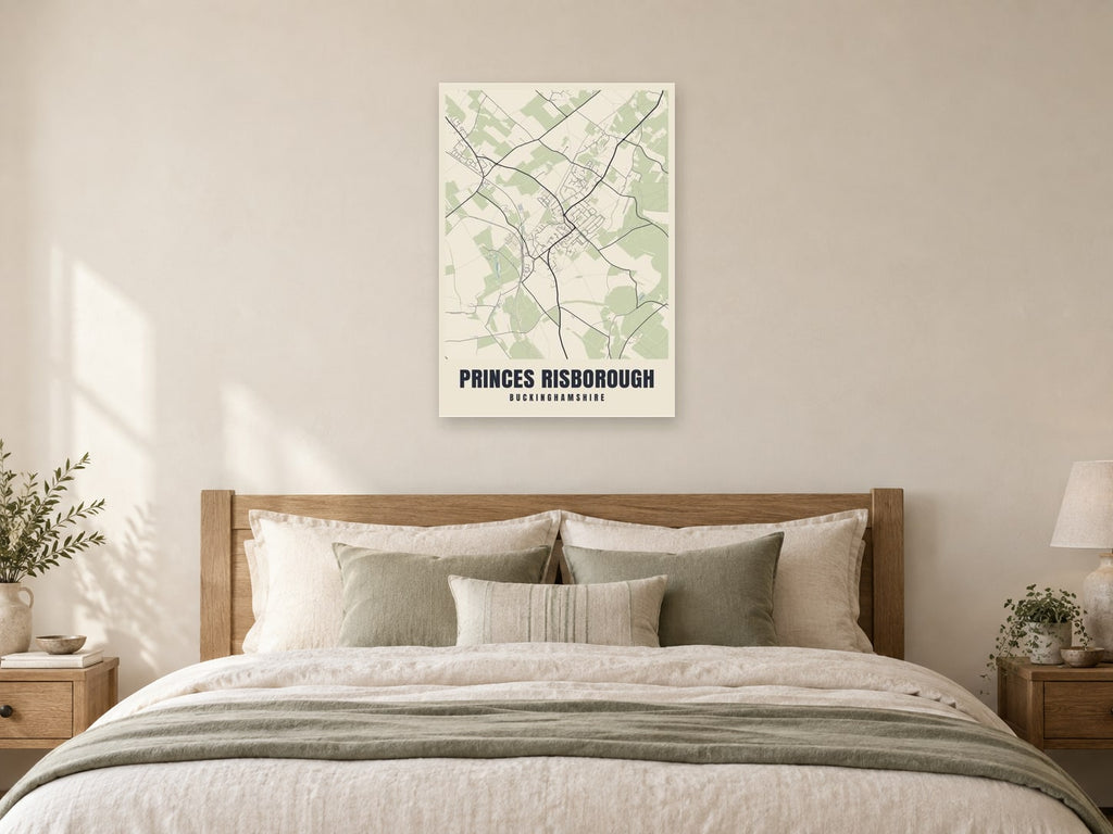 Princes Risborough Street Map Poster at A1, as a poster, above a bed
