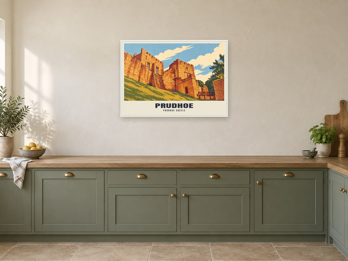 Prudhoe Castle Poster at A1, in a white frame, in a kitchen