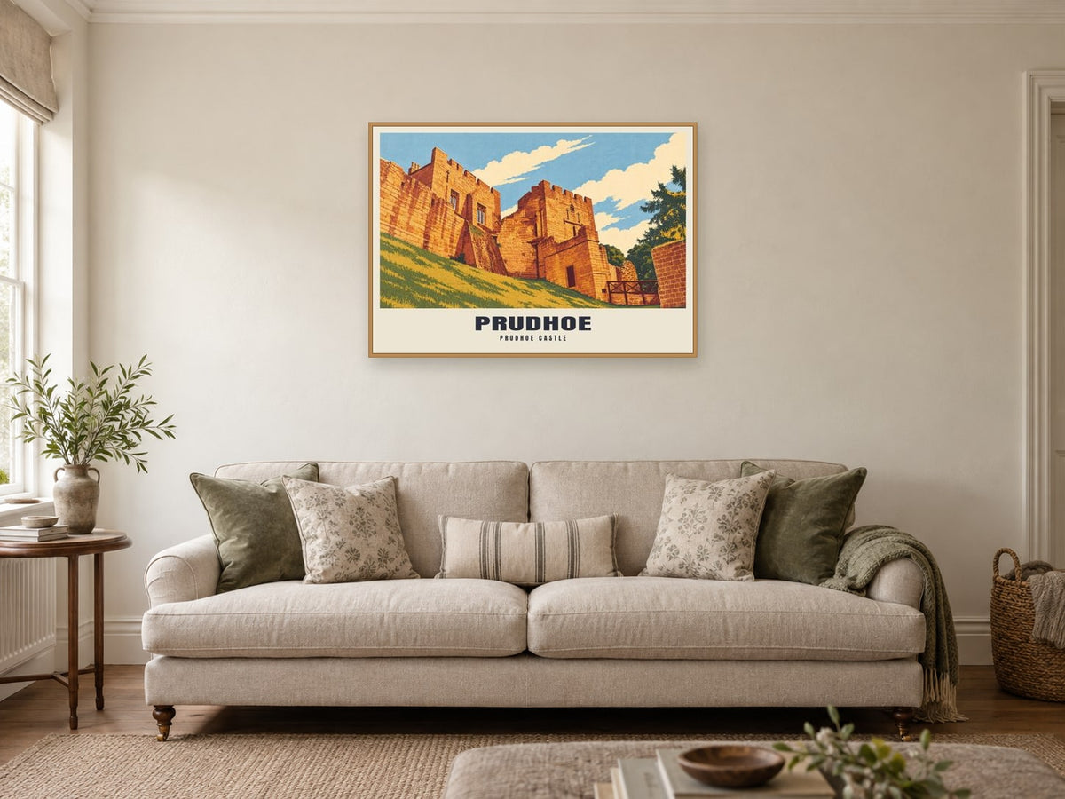 Prudhoe Castle Poster at A1, in a natural wood frame, in a sitting room