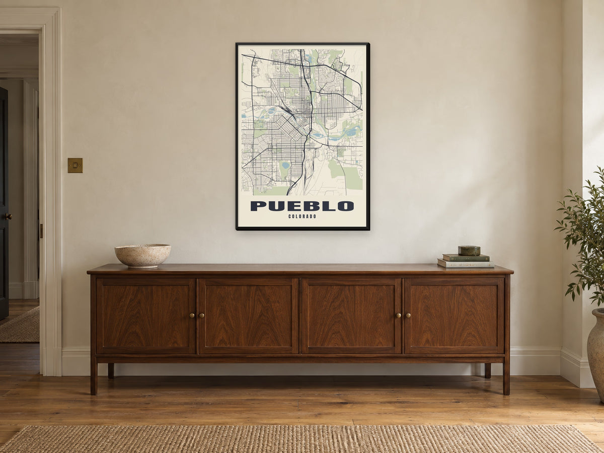 Pueblo Street Map Poster at A1, in a black frame, above a sideboard