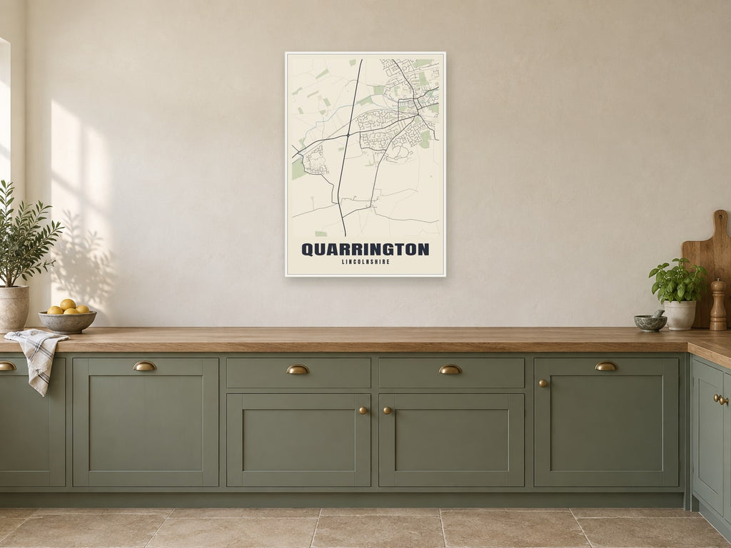 Quarrington Street Map Poster at A1, in a white frame, in a kitchen