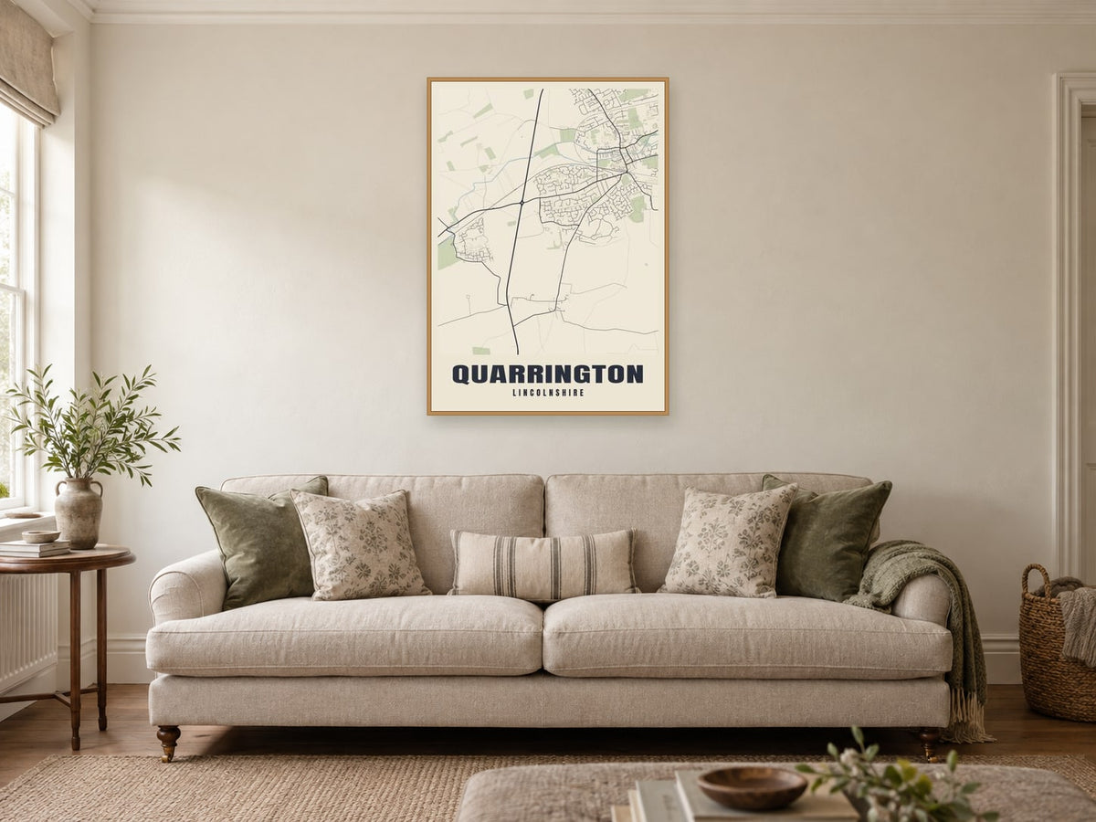 Quarrington Street Map Poster at A1, in a natural wood frame, in a sitting room