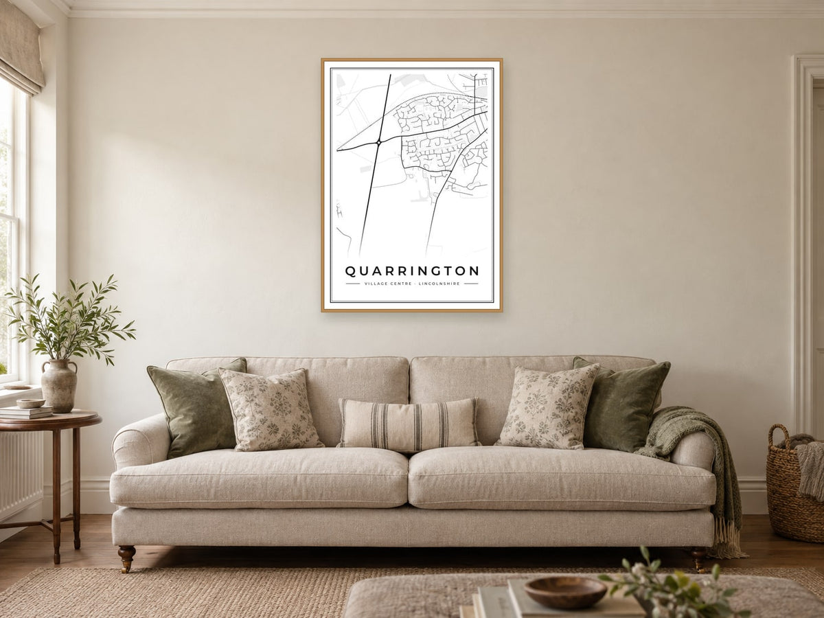 Quarrington Village Centre Street Map Poster at A1, in a natural wood frame, in a sitting room