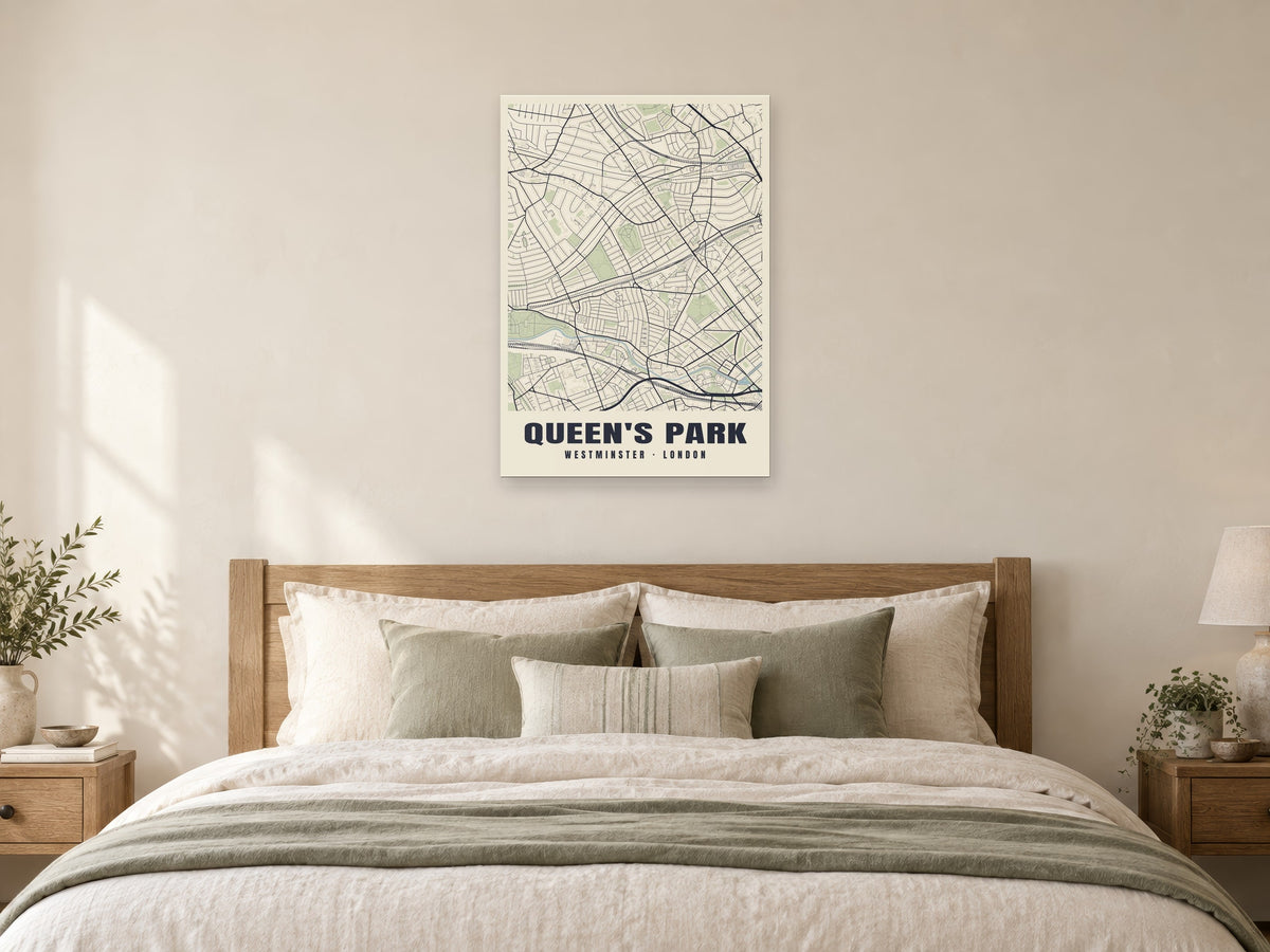 Queen's Park Heritage Street Map Poster at A1, as a poster, above a bed
