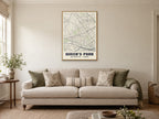 Queen's Park Heritage Street Map Poster at A1, in a natural wood frame, in a sitting room