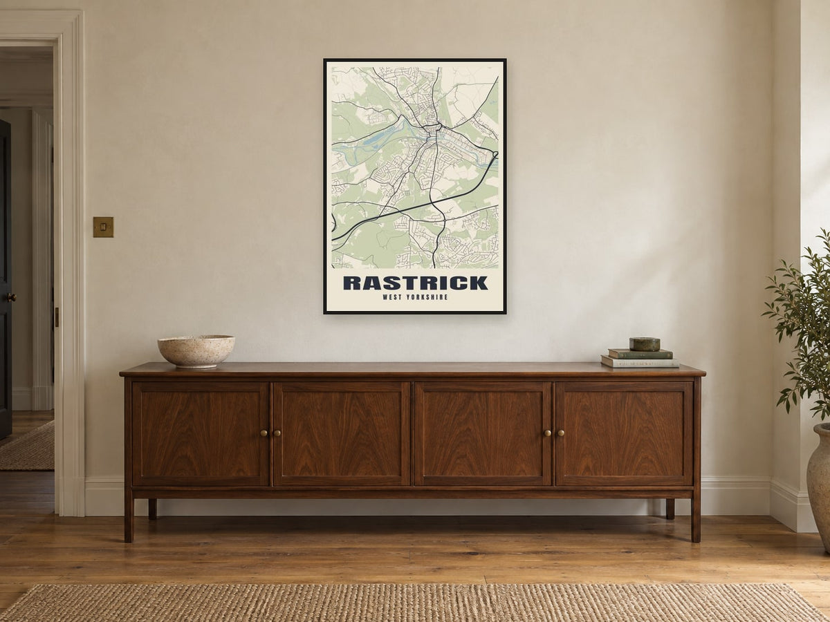 Rastrick Street Map Poster at A1, in a black frame, above a sideboard