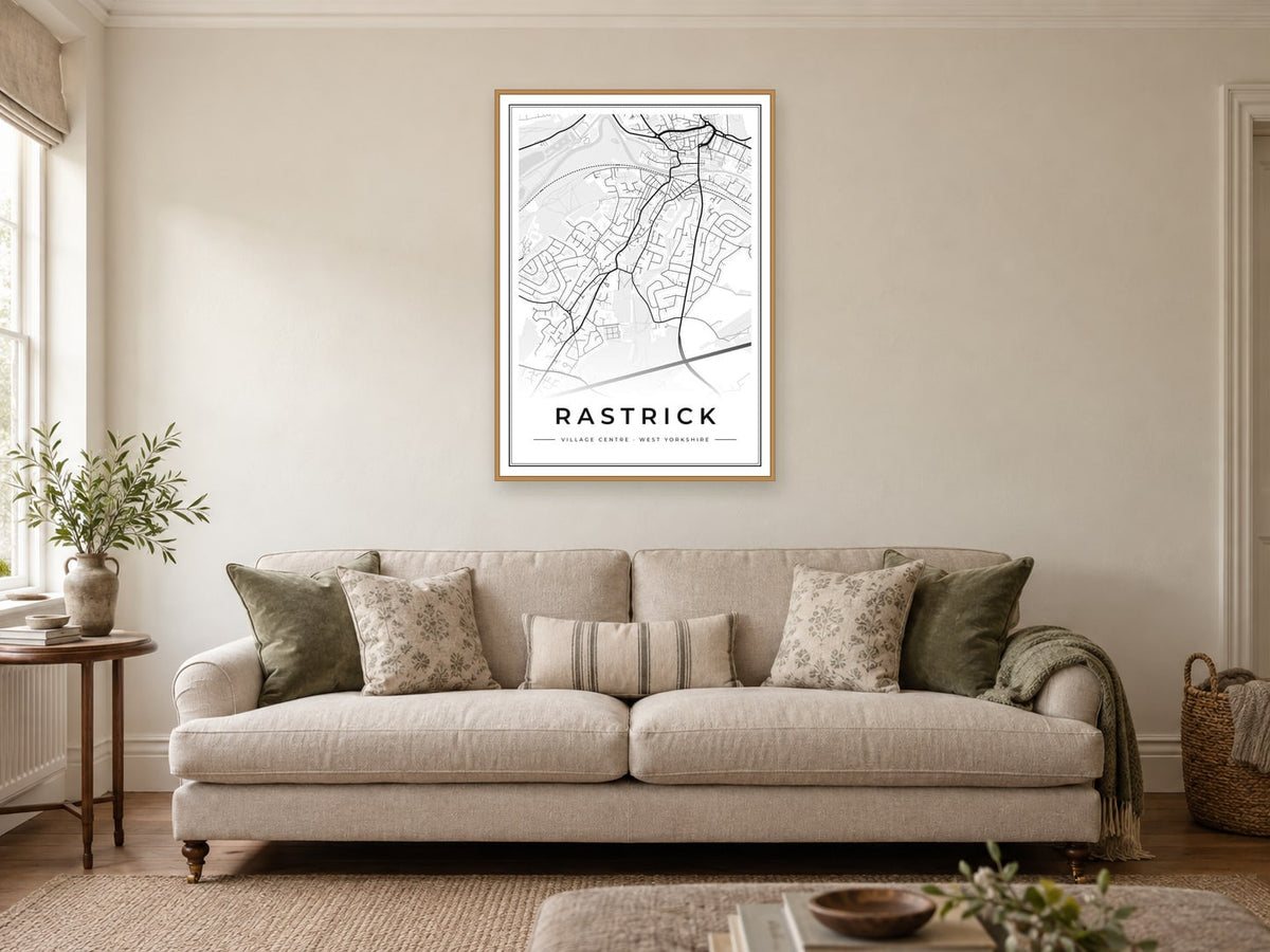 Rastrick Village Centre Street Map Poster at A1, in a natural wood frame, in a sitting room