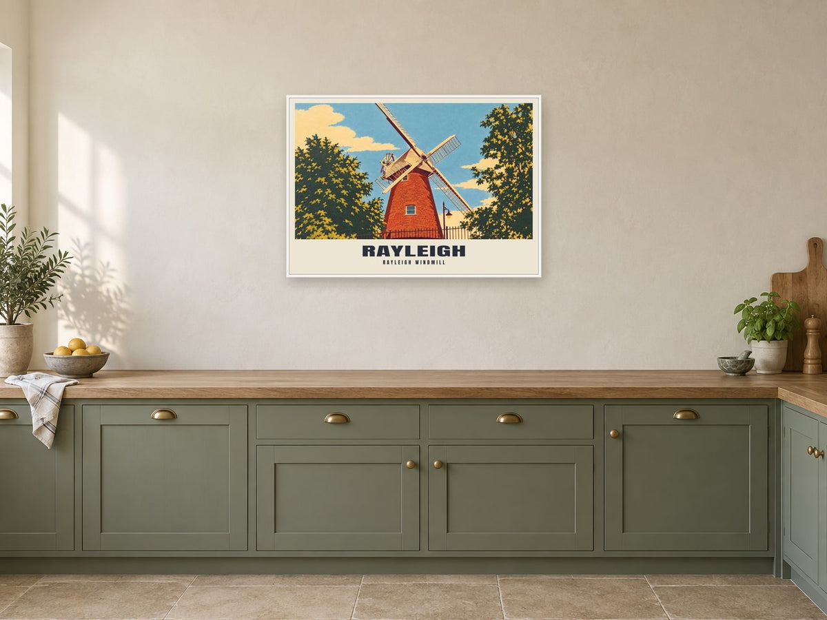 Rayleigh Windmill Poster at A1, in a white frame, in a kitchen