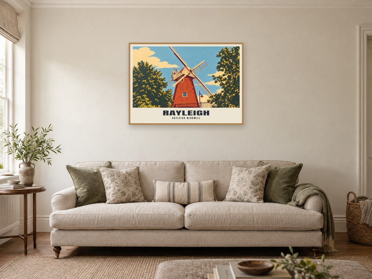 Rayleigh Windmill Poster at A1, in a natural wood frame, in a sitting room