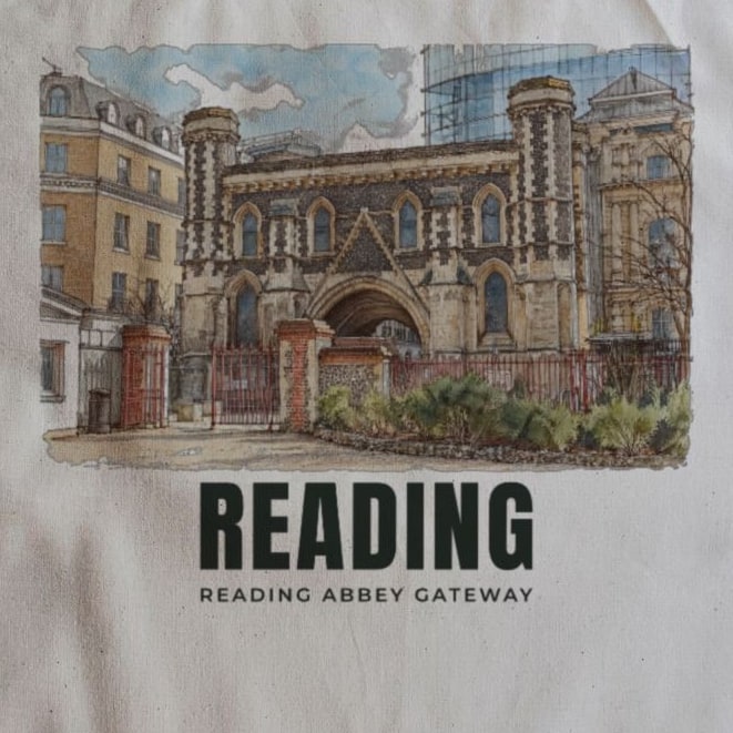 Close-up of the Reading Abbey Gateway drawing and lettering printed on natural cotton