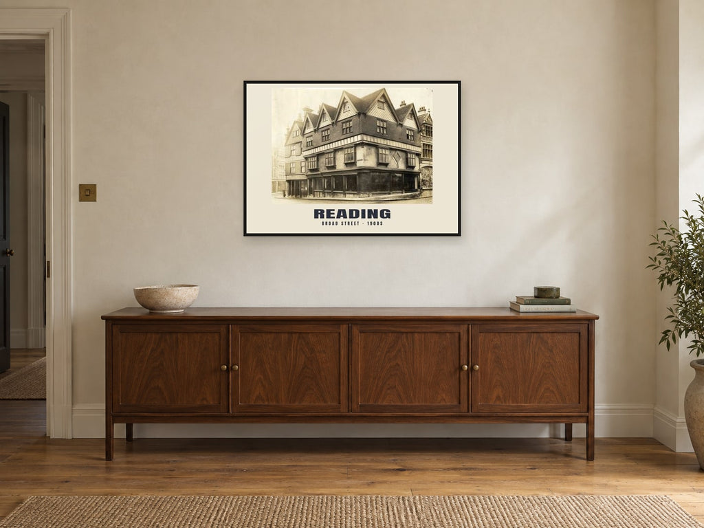 Broad Street, Reading, 1900s Heritage Print at A1, in a black frame, above a sideboard