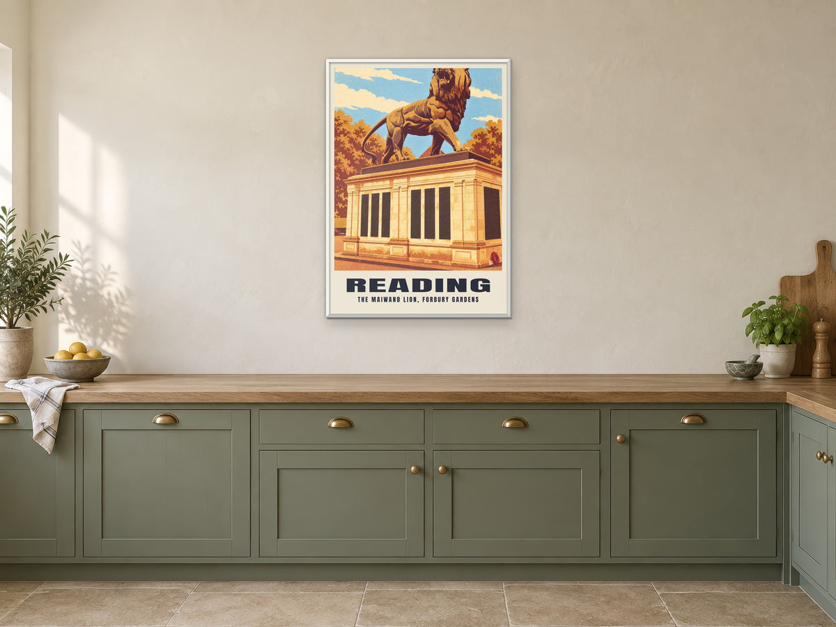 The Maiwand Lion, Reading Poster at A1, in a white frame, in a kitchen
