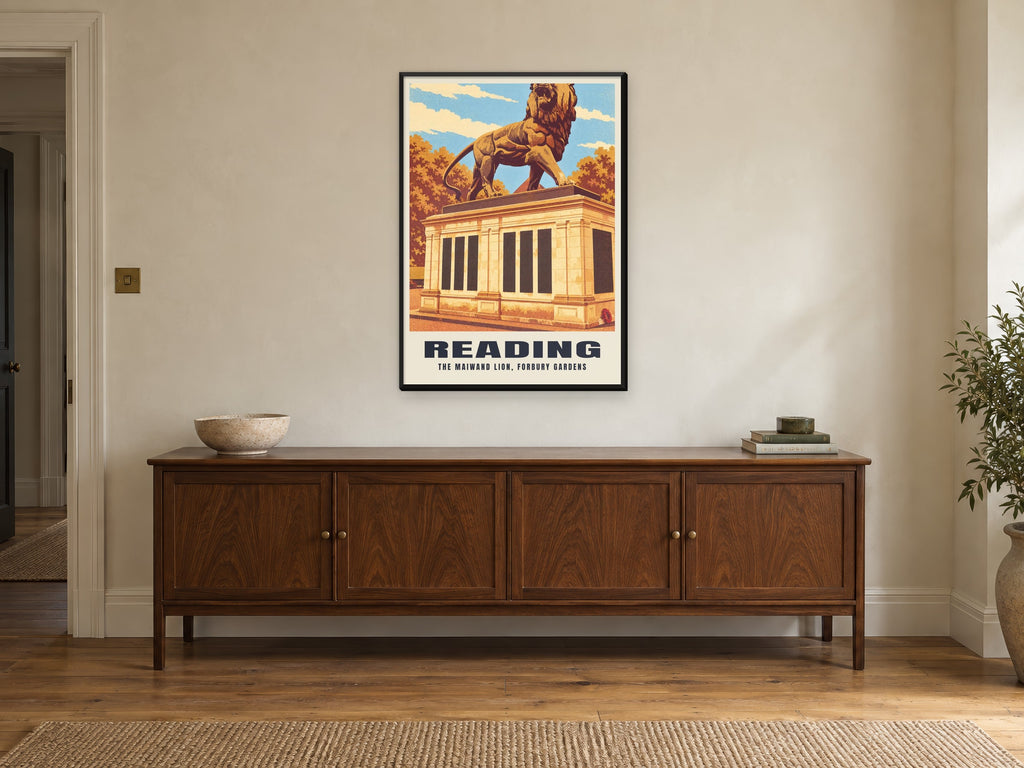 The Maiwand Lion, Reading Poster at A1, in a black frame, above a sideboard