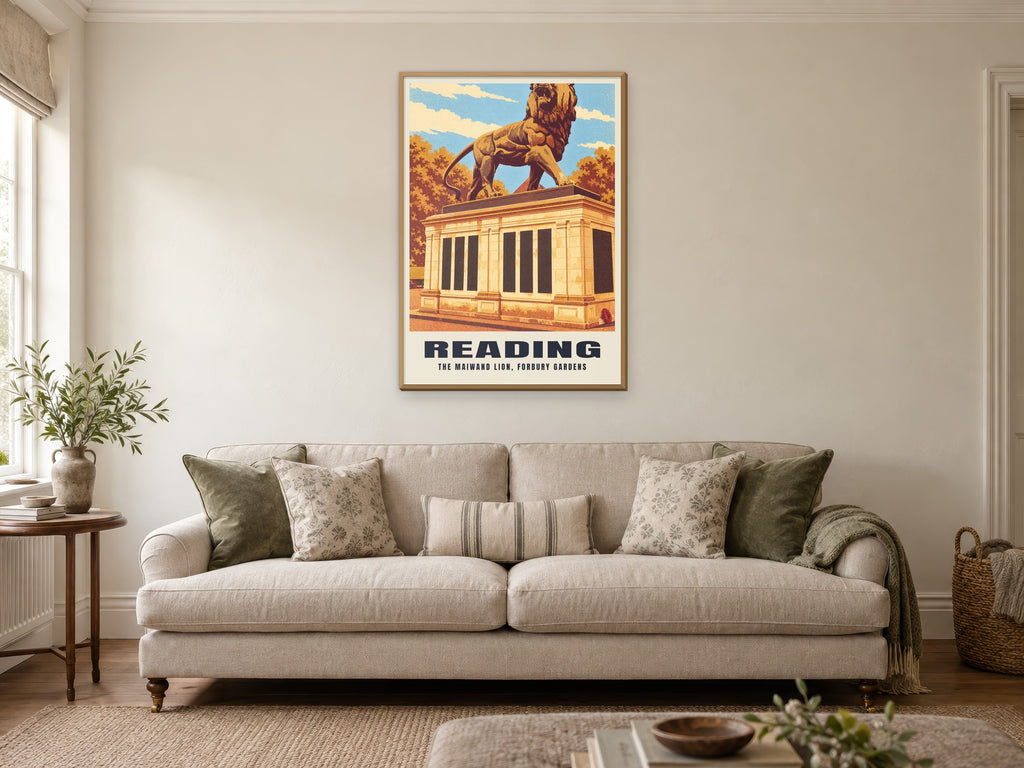 The Maiwand Lion, Reading Poster at A1, in a natural wood frame, in a sitting room