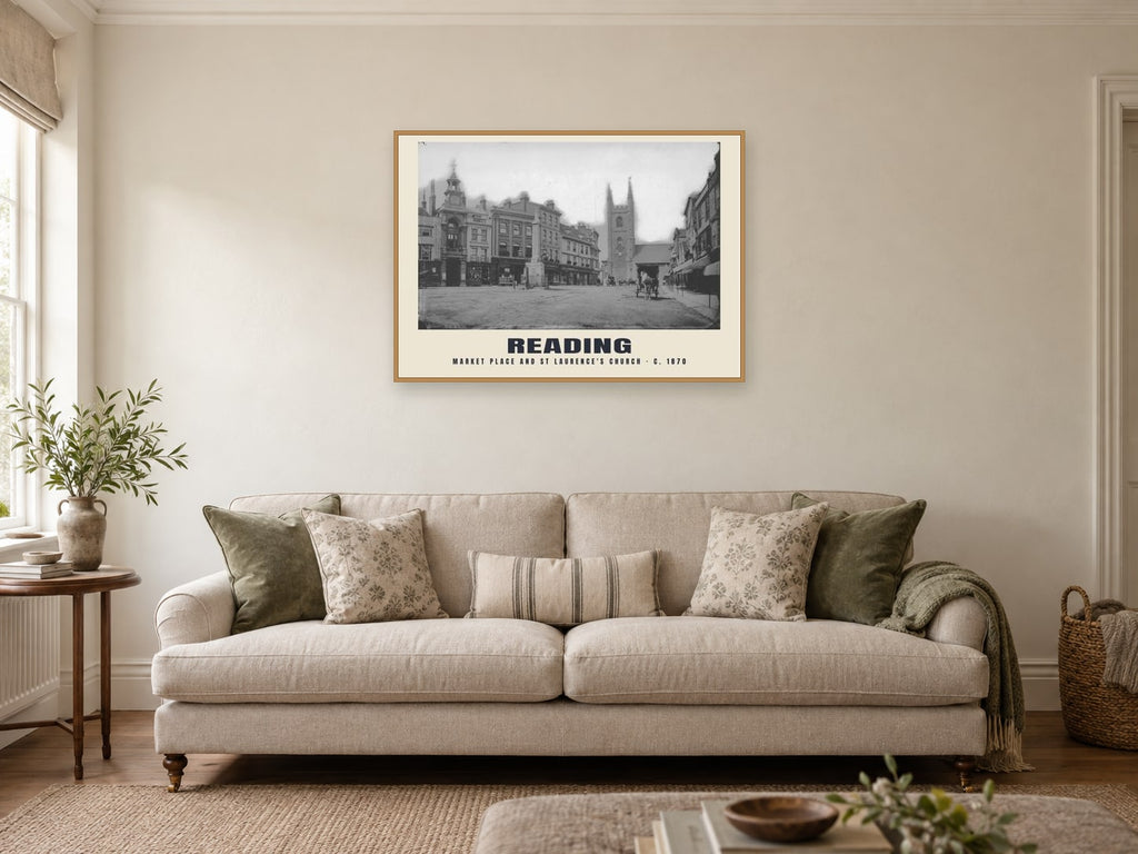 Market Place and St Laurence's Church, Reading, c. 1870 Heritage Print at A1, in a natural wood frame, in a sitting room