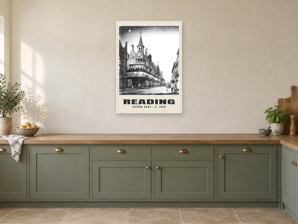 Oxford Road, Reading, c. 1920 Heritage Print at A1, in a white frame, in a kitchen
