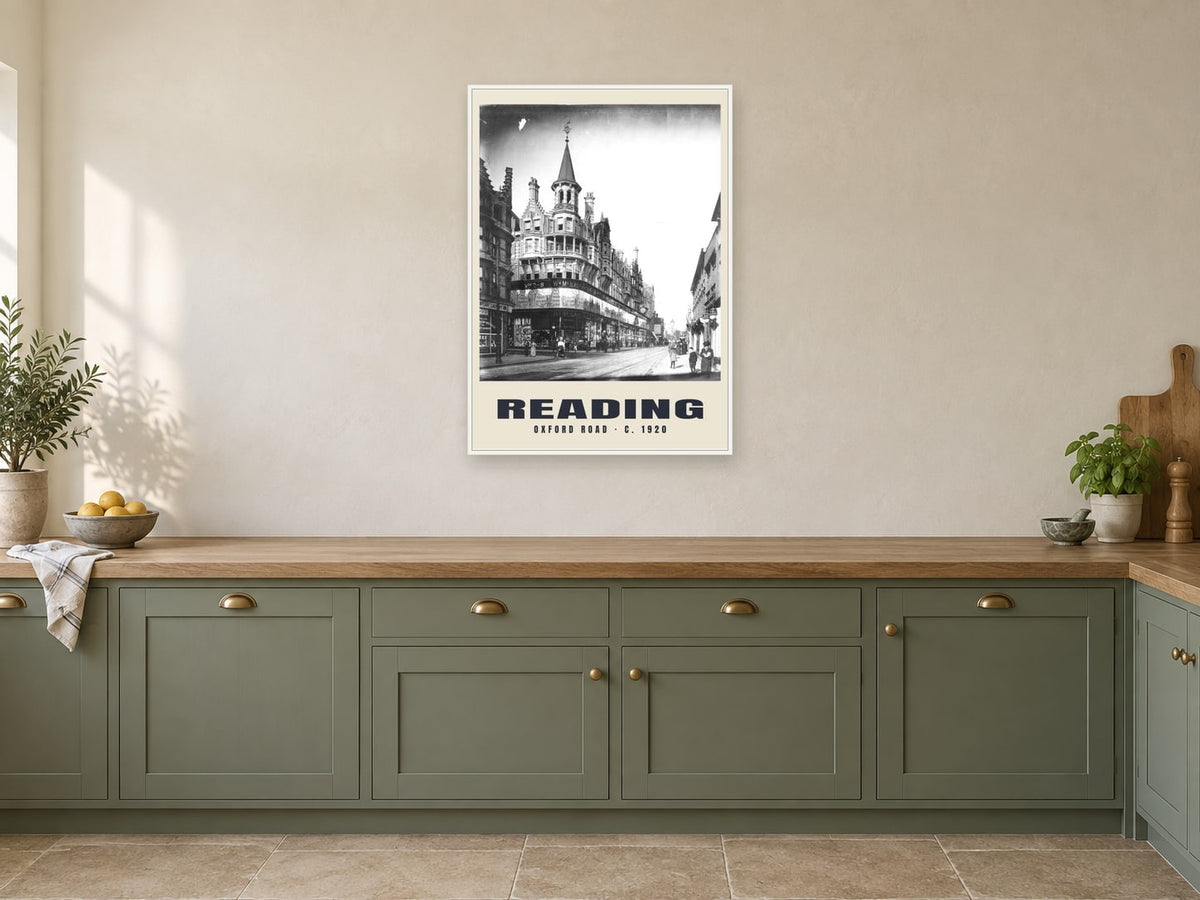 Oxford Road, Reading, c. 1920 Heritage Print at A1, in a white frame, in a kitchen