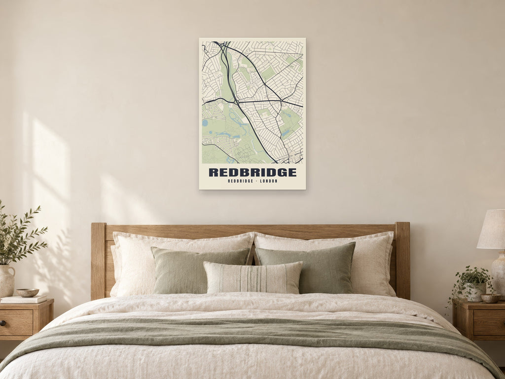 Redbridge Heritage Street Map Poster at A1, as a poster, above a bed