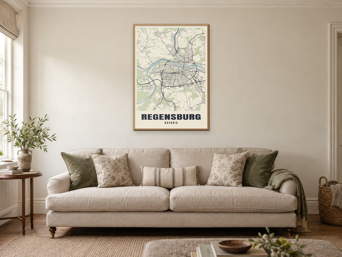 Regensburg Street Map Poster at A1, in a natural wood frame, in a sitting room